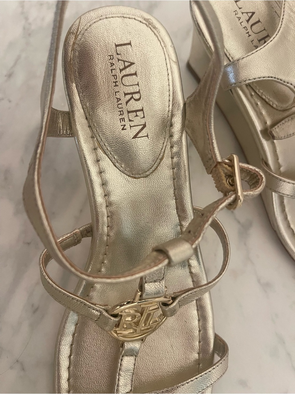 Ralph Lauren Gold Metallic T-Strap Sandals with RL Medallion